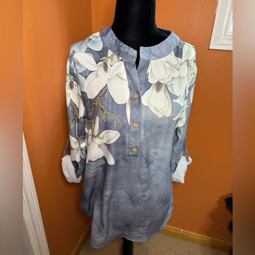 MISSLOOK Floral Print Roll Up Sleeve Blouse Tunic Top